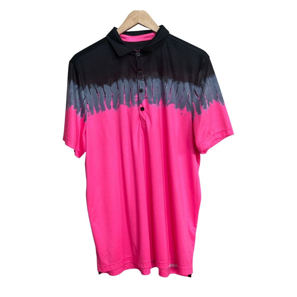 Jamie Sadock Men Pink Black Tie Dye Short Sleeve Golf Polo Shirt Large
